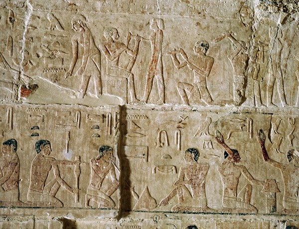 A relief from the mastaba of Niankhkhnum and Khnumhotep, priests and oversees of the palace manicurists of King Neweserra