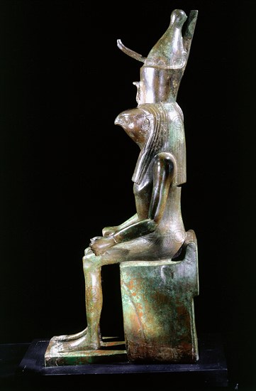 Figure of the god Horus in his falcon head aspect wearing the double crown