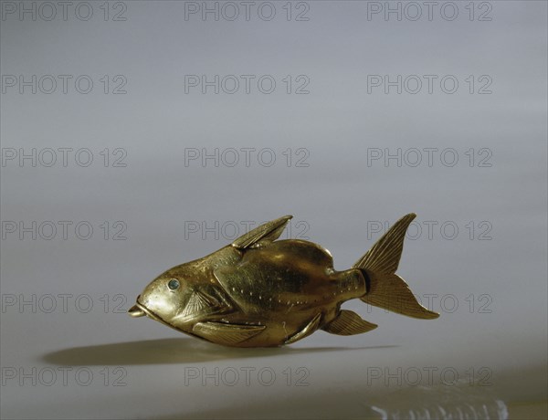 Gold fish amulet, nekhau, worn by young women attached to the hair to protect against drowning