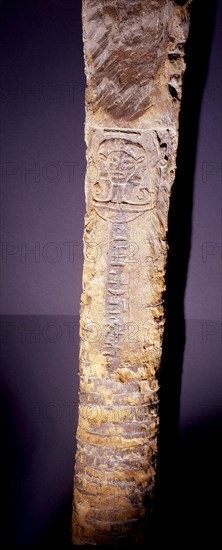 Trunk of a plam tree inscribe with hieroglyphs and a Hathor head carved above the inscription