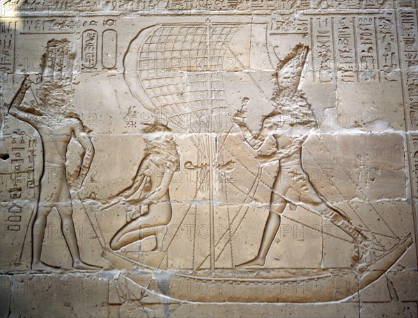 A relief at Edfu depicting the pharaoh in his sacred barque