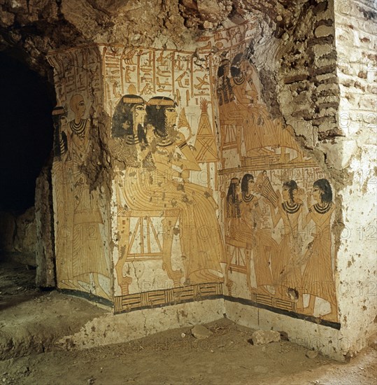 A detail of a painting in a private tomb showing the owner and his wife seated on chairs