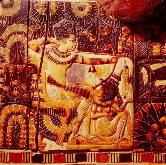 A detail of a hunting scene on the side of a chest from the tomb of Tutankhamun