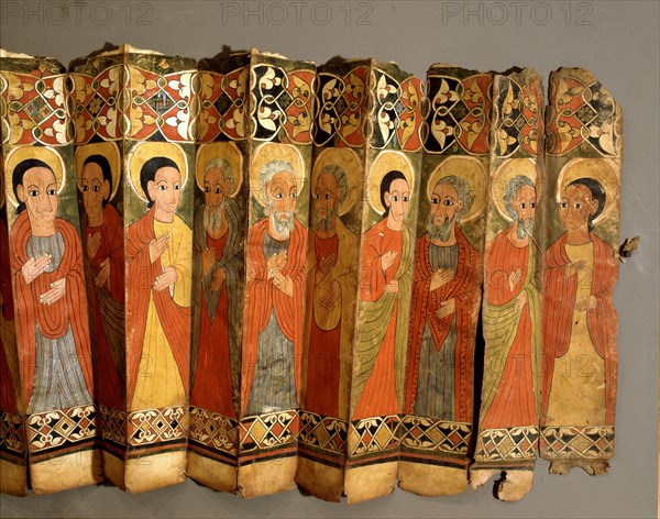 A fragment of a ceremonial fan depicting Ethiopian saints