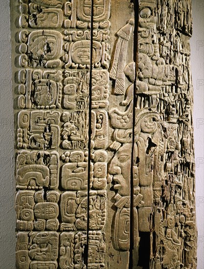 Detail of a carved wood lintel from Temple IV at Tikal, collected in 1877 by the explorer Gustav Bernoulli