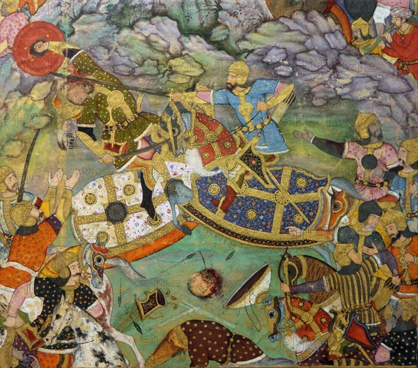 Miniature painting depicting Tambal attacking his cousin Babur, while their armies battle in a rocky landscape