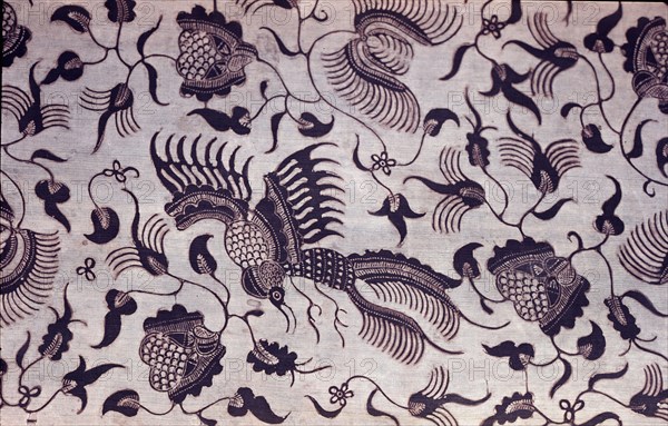 Detail of a silk batik slendang (shawl) with a design of birds and flowers in a pattern known as Morning Freshness used for slendang intended as wedding gifts