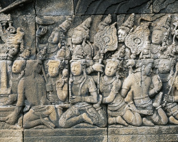 The reliefs on the terraces of Borobudur depict scenes from the life of the Buddha