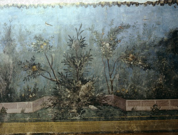 Detail of the fresco from the main hall of Livias villa at Prima Porta, outside Rome