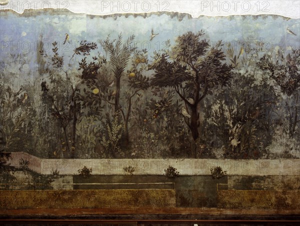 Detail of the fresco from the main hall of Livias villa at Prima Porta, outside Rome