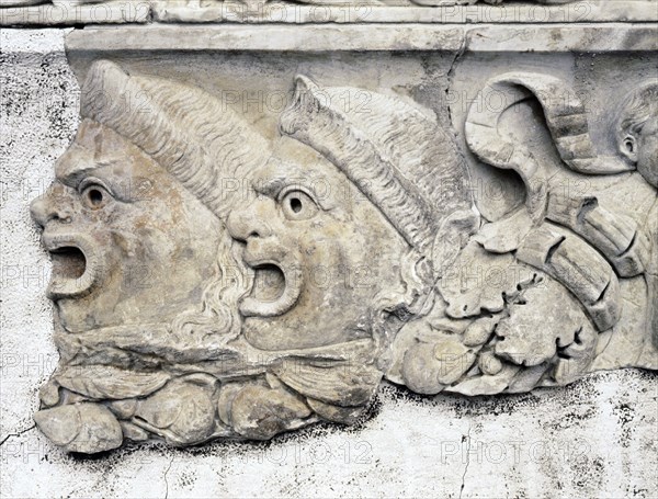 Detail from a sarcophagus of an actor, depicting two tragic masks