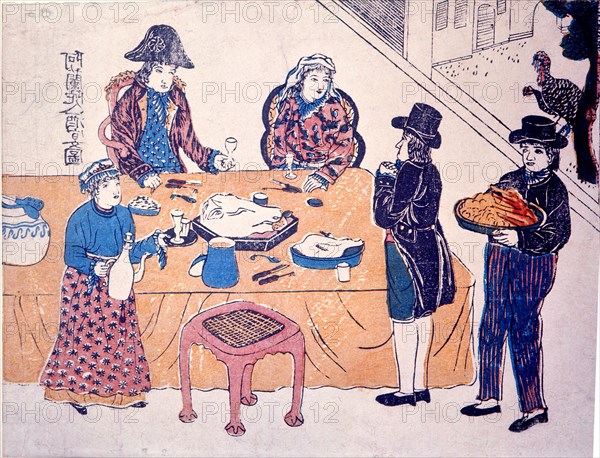 A Japanese view of a European merchant and his family at table