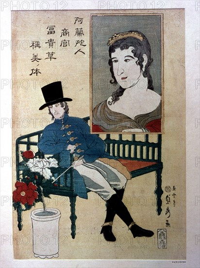 A Japanese view of a European merchant seated in European style furniture beneath a portrait of his wife