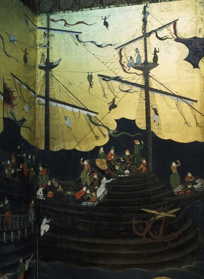 Detail from a folding screen depicting Portuguese merchants in Japan