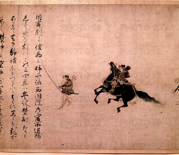 Detail from the Heiji scroll which depicts the samurai, Minamoto Yoshitomo on horse back at the beginning of the Heiji Insurrection of 1159