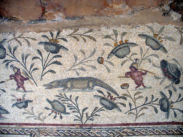 Mosaic from the peristyle garden depicting pygmies fighting a crocodile, from the Villa Selene (House of the Moon)