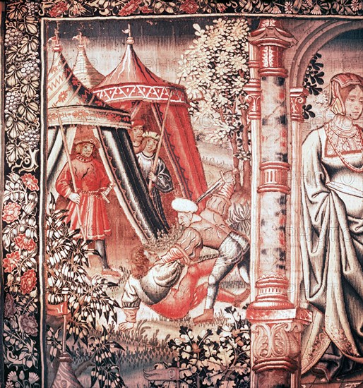 Detail from the tapestry Bouche dOr becomes the vassal of Amour from the series The Romaunt of the Rose