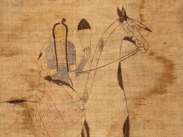 A cloth painting depicting a parade, a Sun Dance ceremony and scenes from daily life