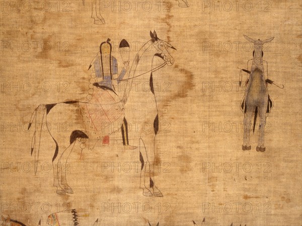 A cloth painting depicting a parade, a Sun Dance ceremony and scenes from daily life