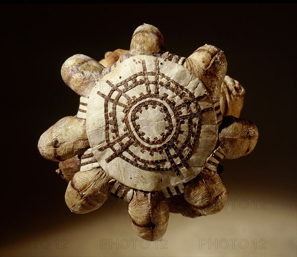 An unusual storage bag made from seagulls feet and bleached sealskin, decorated with an applique design made from unbleached sealskin