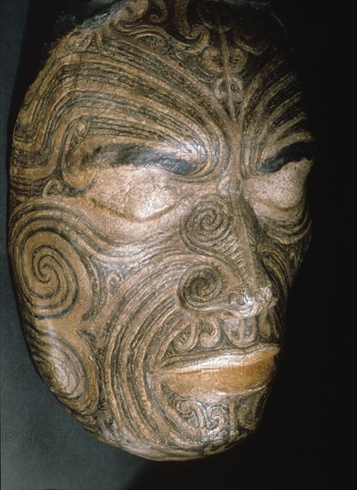 Life mask taken in 1854 for Sir George Grey of Chief Tapua Te Whanoa of the Ngati Whakaue hapu of the Rotorua region, showing the full facial moko design produced with a small bone adze dipped in liquid charcoal