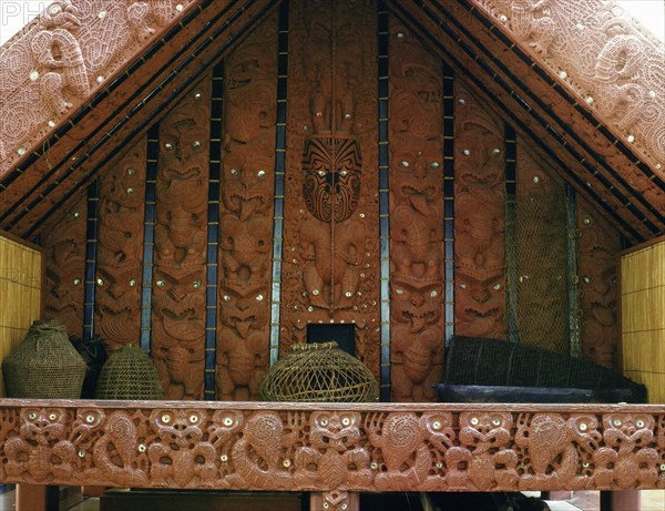 Front view showing interior of the storehouse, pataka, Te Puawai O Te Arawa, one of the last great storehouses