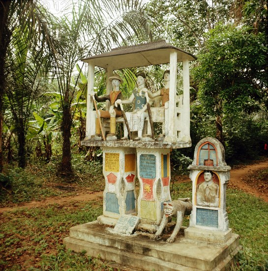 Wealth earned through the palm oil trade in the Niger Delta region financed a fashion for painted cement memorials where the deceased were depicted with the symbols of Christianity and European affluence