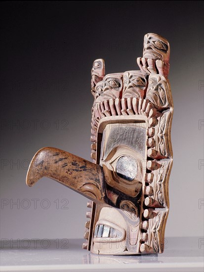 Tsimshian frontlets represent crest figures although the creature portrayed here may be more abstract than a literal interpretation would suggest