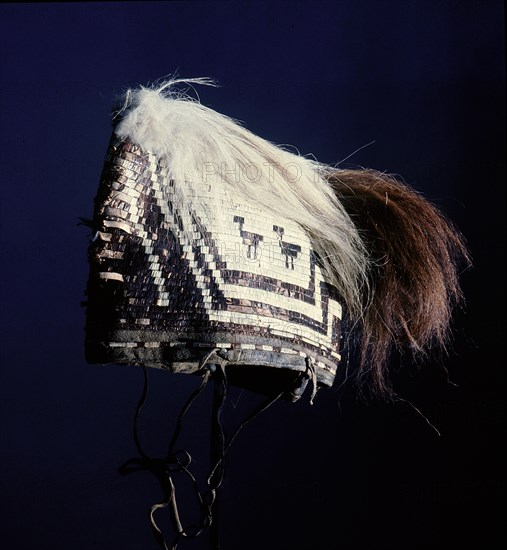 Shamans hat made of split spruce root and ornamented throughout with false embroidery in straw