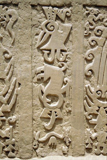 Huaca del Dragon outside Trujillo, north coast of Peru, showing detailof ceremonial platform decorated with clay frieze