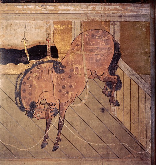 Folding screen depicting a stable scene (detail)