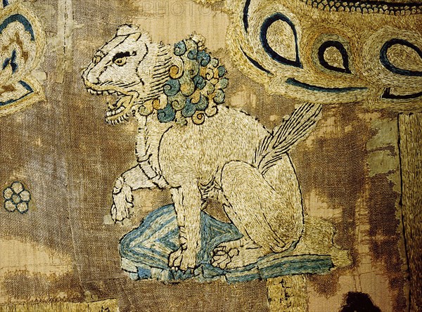 Detail of an embroidered silk banner of the Buddha Sakyamuni preaching on Vulture Peak