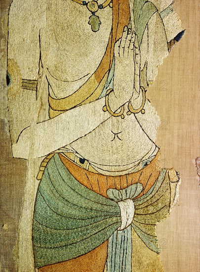 Detail of an embroidered silk banner of the Buddha Sakyamuni preaching on Vulture Peak