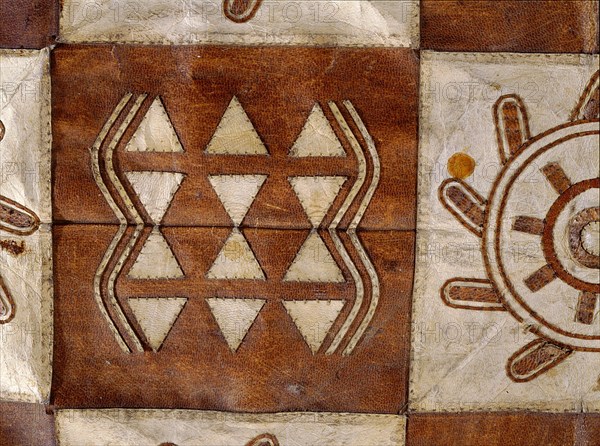 Detail of a rug made of animal skin squares