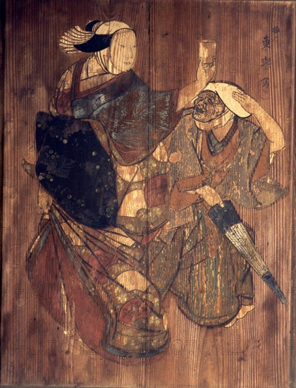 A door panel decorated with painting of two Kyogen actors