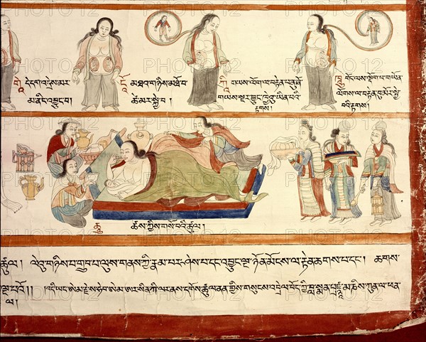 A detail of a medical thangka from a version of the commentary on the ancient Four Tantras, the fundamental treatise of Tibetan medicine