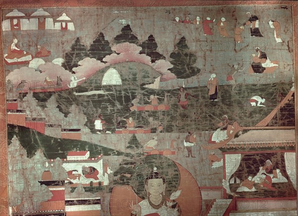 Detail from a Thangka with scenes from the legendary life of Buddha