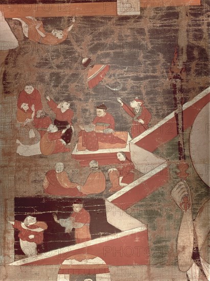 Detail from a Thangka with scenes from the legendary life of Buddha