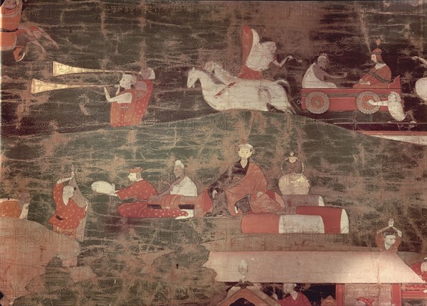 Detail from a Thangka with scenes from the legendary life of Buddha