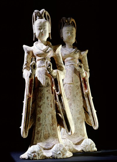 Pottery models of two Tang princesses, embellished with painted and gilded detail