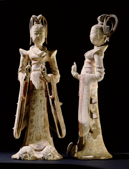 Pottery models of two Tang princesses, embellished with painted and gilded detail