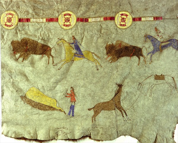 Detail of a hide painting depicting a buffalo hunt