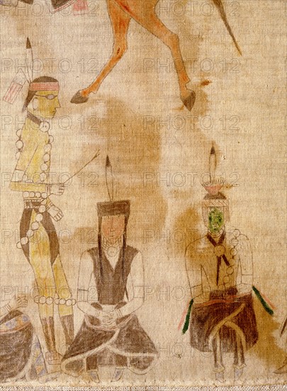 A cloth painting depicting a parade, a Sun Dance ceremony and scenes from daily life