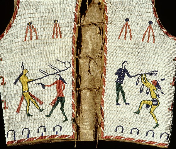 Beadwork decoration on a sleeveless jacket showing fighting between Indians and white men