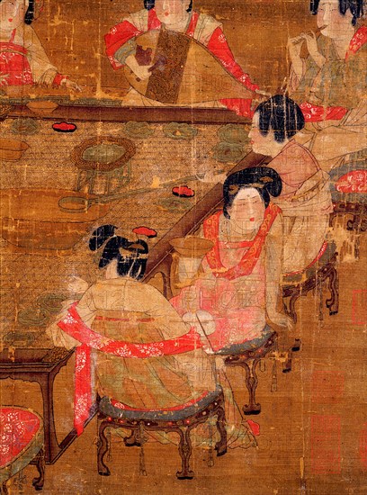 Detail of an anonymous painting Banquet and Concert which depicts elegant ladies of the Tang imperial court enjoying a feast and music