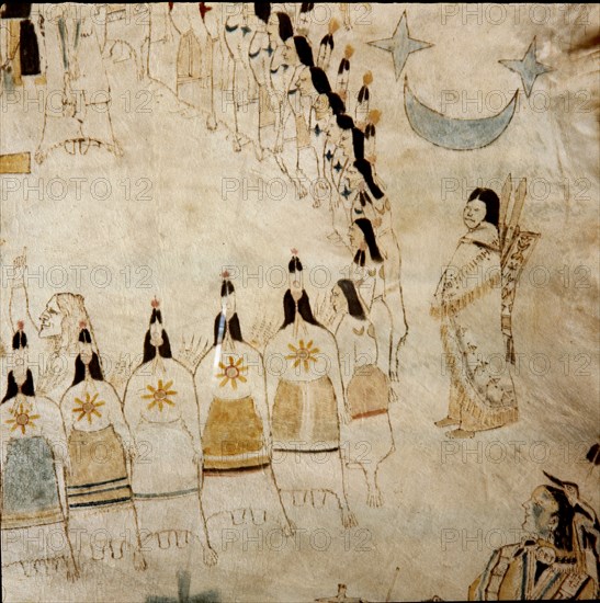 Hide painting with a representation of the Sun Dance which served to thank the sun for past favours and to request renewed protection (detail)