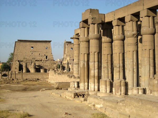 View of the Court of Rameses II with its "papyrus-reed bundle" style columns