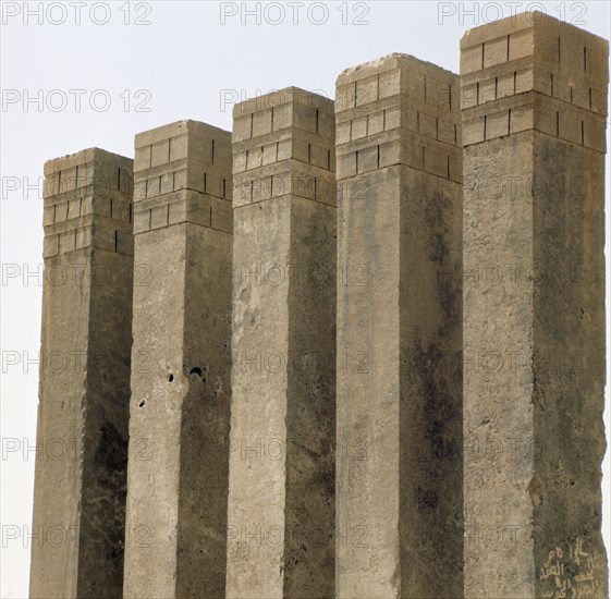 Five pillars still standing on the site of the Baran Temple, near the ancient city of Marib