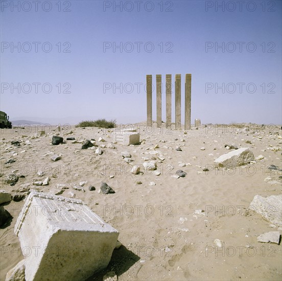 Five pillars still standing on the site of the Baran Temple, near the ancient city of Marib