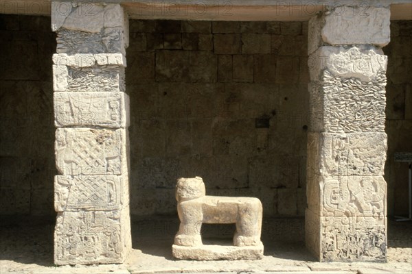 Well preserved carved stone jaguar throne at the base of the 'Temple of the Jaguars'